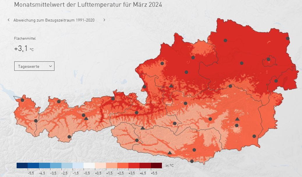 Temperaturabweichung (Bezugsperiode 1991 - 2020) der ersten Monatshälfte März. Bilslang war auch der März teils deutlich zu warm. Quelle: GeoSphere Austria/SPARTACUS 